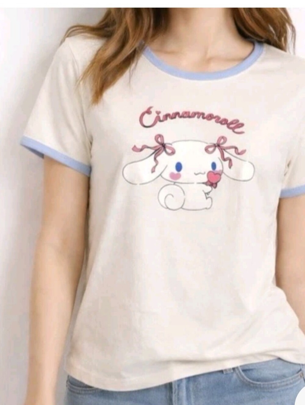 Sanrio Cinnamoroll Graphic Ringer Tee - Cream with Light Blue Trim-Plus Size